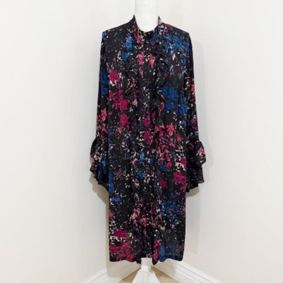 Vicky Tiel Black & Pink Floral Midi Dress Button Front Ruffles Long Sleeves 2X - Picture 1 of 6